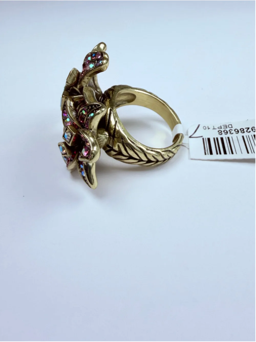 Heidi Daus Foral Rose Swarovski Crystal Aurora Borealis Statement Gold Ring NWT